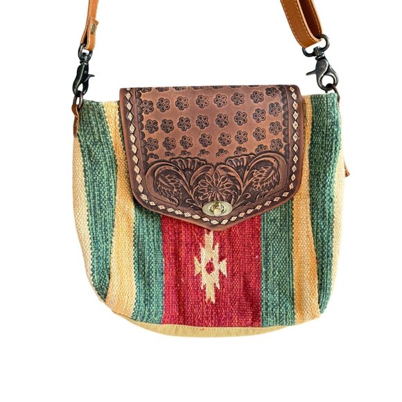 Myra Bag Embossed Scarlet Hand-Tooled Bag Upcyled convertible backpack - Picture 1 of 11